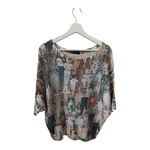 Bella Amore Cat Pattern Knit Short Sleeve Sweater - Size Medium